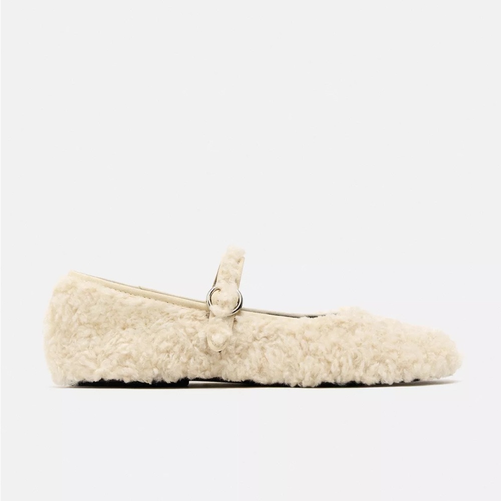 Zara Cream Textured Mary Jane Flats